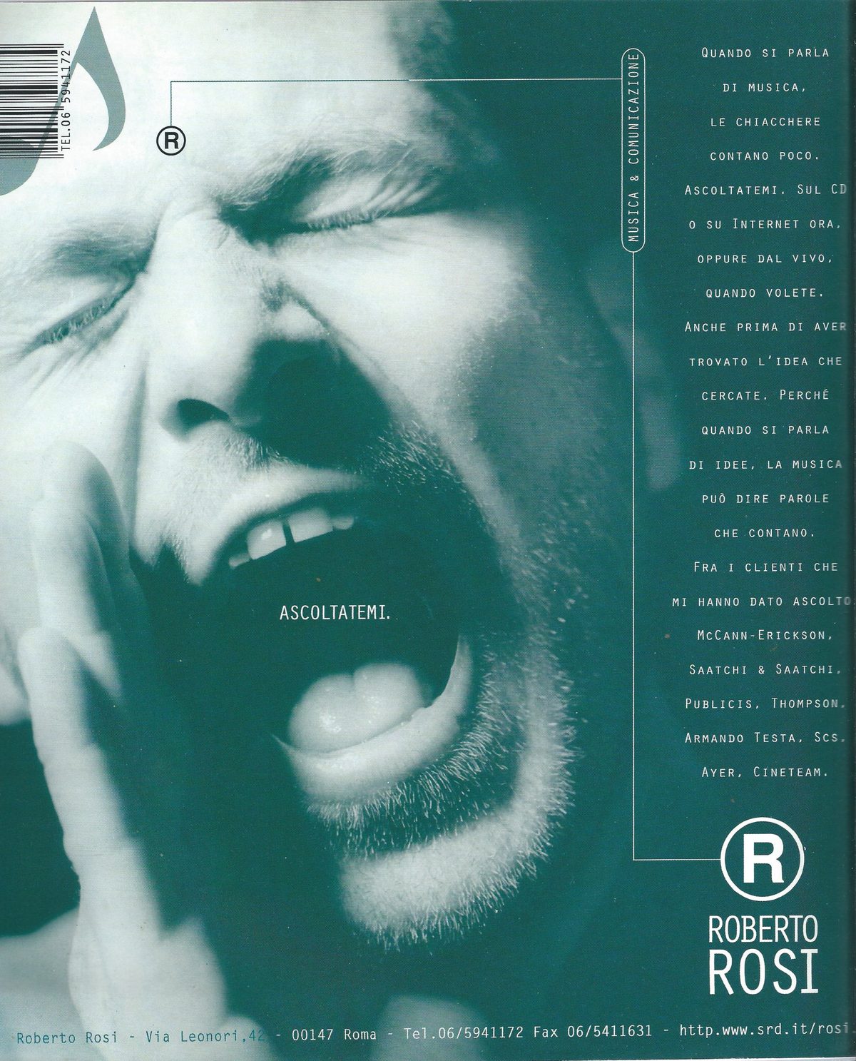 Pagina pubblicitaria «Ascoltatemi» di Roberto Rosi, Musica & Comunicazione